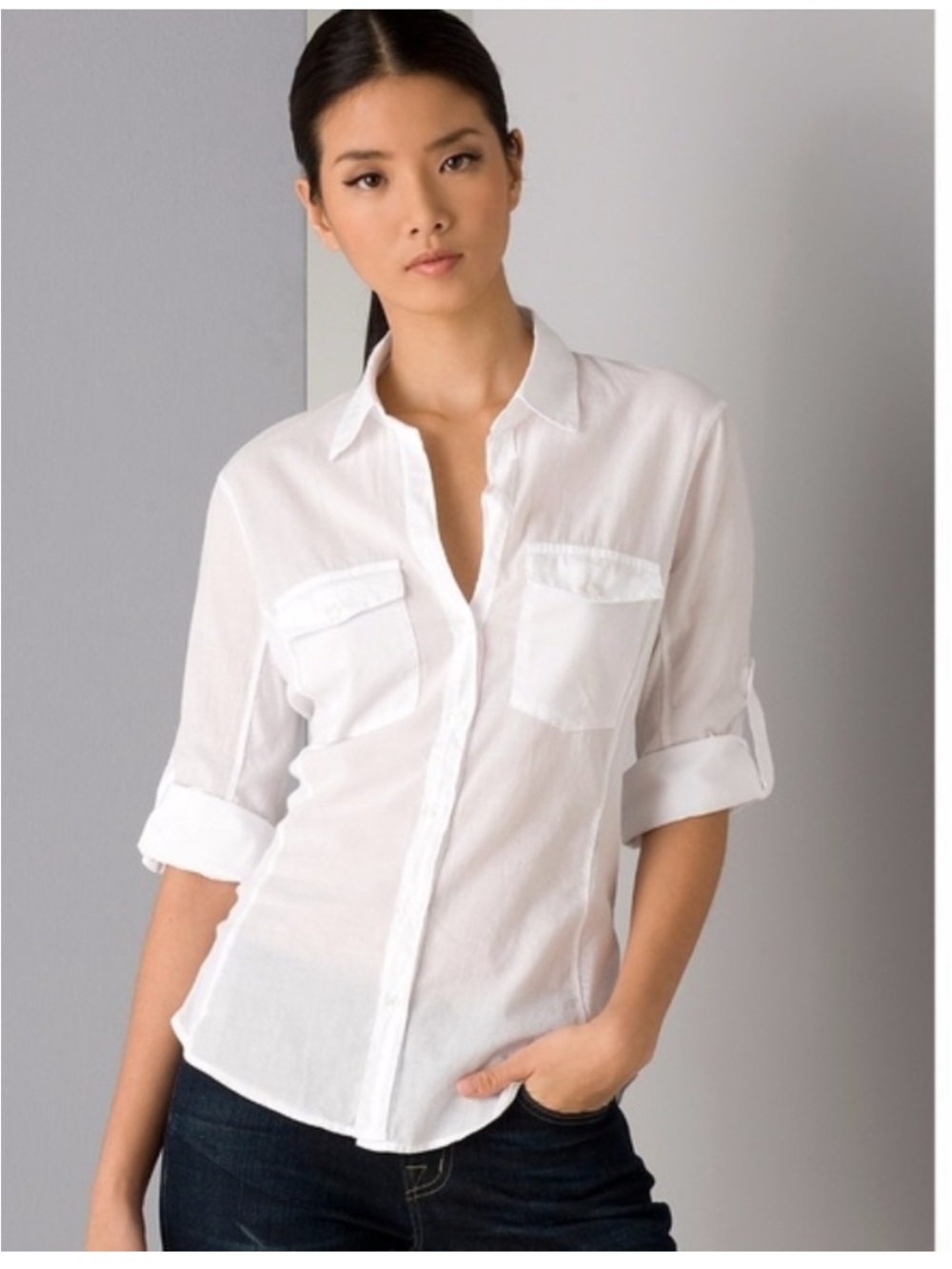 James Perse White Button-Down Shirt with Chest Pockets